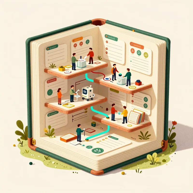 Storybook open book with layered terraces and a turquoise path representing a reusable engineering package.