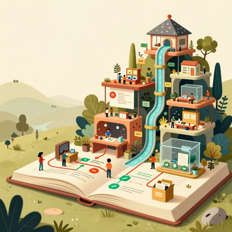 Hand-painted pop-up storybook of an open recipe book rising into layered engineering workstations connected by a turquoise execution path.